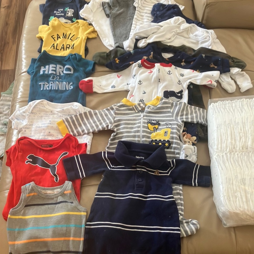 Baby boys clothes! Onesies, pjs, Puma, Calvin Klein baby gap, plus diapers!